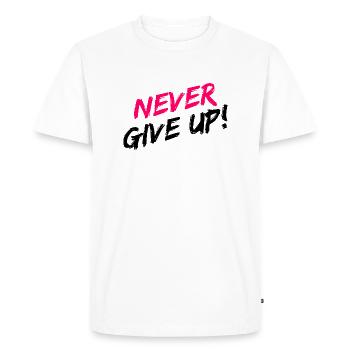 "Never Give Up!" Motivation in pink and black - Men's Premium Organic T-Shirt - white - Front - Nico (187cm)