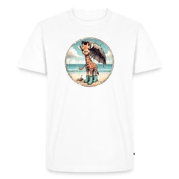Girafe sur la plage en bottes en caoutchouc avec parapluie - T-shirt Premium bio Homme - blanc - Devant - Nico (187cm)
