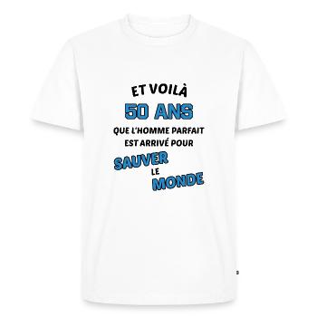 50 ans, homme parfait ! cadeau 50 ans original - T-shirt Premium bio Homme - blanc - Devant - Nico (187cm)
