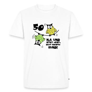 50 anniversaire, hiboux sur la corde, rond - T-shirt Premium bio Homme - blanc - Devant - Nico (187cm)