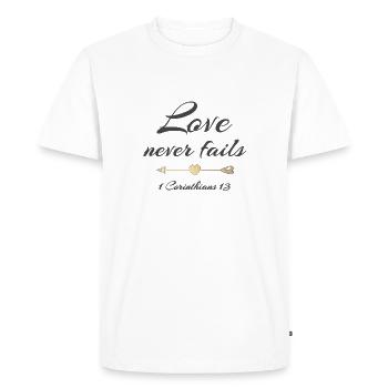 Christian Design Love Never Fails 1 Corinthians 13 - Men's Premium Organic T-Shirt - white - Front - Nico (187cm)