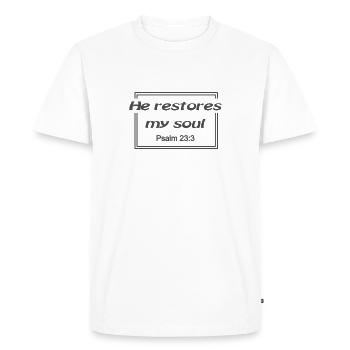 Christian Design He Restores My Soul Psalm 23 - Men's Premium Organic T-Shirt - white - Front - Nico (187cm)