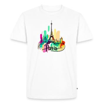Ultra minimalist continuous line drawing of "Paris - T-shirt Premium bio Homme - blanc - Devant - Nico (187cm)