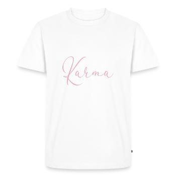 Karma already regulates this - Yoga saying Humor Namaste - Men's Premium Organic T-Shirt - white - Front - Nico (187cm)