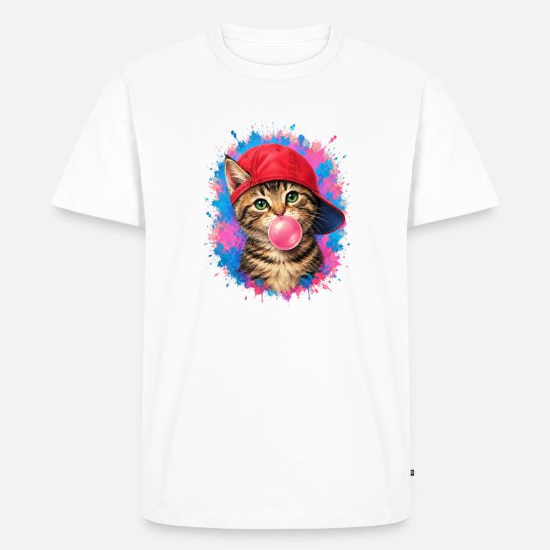 Coole Katze mit Cap und Kaugummi - Männer Premium Bio T-Shirt - Weiß