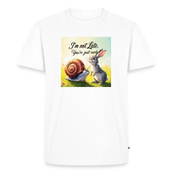 Un lapin et un escargot « tôt et tard » - T-shirt Premium bio Homme - blanc - Devant - Nico (187cm)