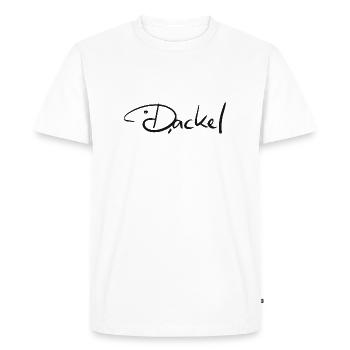 Dackel Schriftzug schwarz, Tattoo Dackel - Männer Premium Bio T-Shirt - Weiß - Vorne - Nico (187cm)