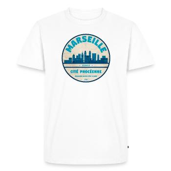 Marseille Skyline Badge - Men's Premium Organic T-Shirt - white - Front - Nico (187cm)