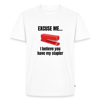 Funny Red Stapler Work Humor Quote - Men's Premium Organic T-Shirt - white - Front - Nico (187cm)
