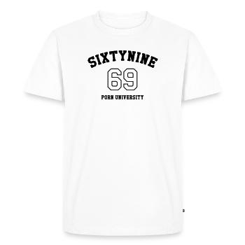 69 Porn University - T-shirt Premium bio Homme - blanc - Devant - Nico (187cm)