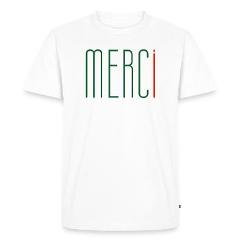 MERCi, Merci en Français - T-shirt Premium bio Homme - blanc - Devant - Nico (187cm)