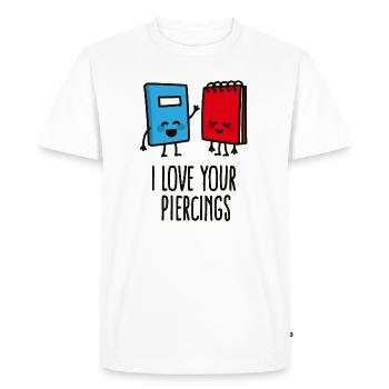 Drôles de perceurs, piercing, j’adore vos piercings - T-shirt Premium bio Homme - blanc - Devant - Nico (187cm)