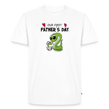 Cadeau de fête des pères - Notre première fête des pères - T-shirt Premium bio Homme - blanc - Devant - Nico (187cm)