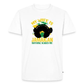 My wife is Jamaican – nothing scares her - Men's Premium Organic T-Shirt - white - Front - Nico (187cm)