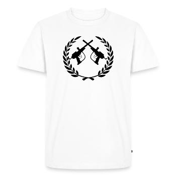 Deux pistolets de paintball croisés dans une couronne de laurier - T-shirt Premium bio Homme - blanc - Devant - Nico (187cm)