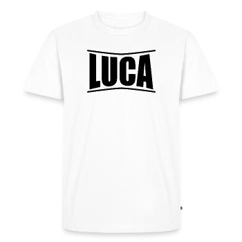 nom du t-shirt Idée cadeau de t-shirt Luca - T-shirt Premium bio Homme - blanc - Devant - Nico (187cm)