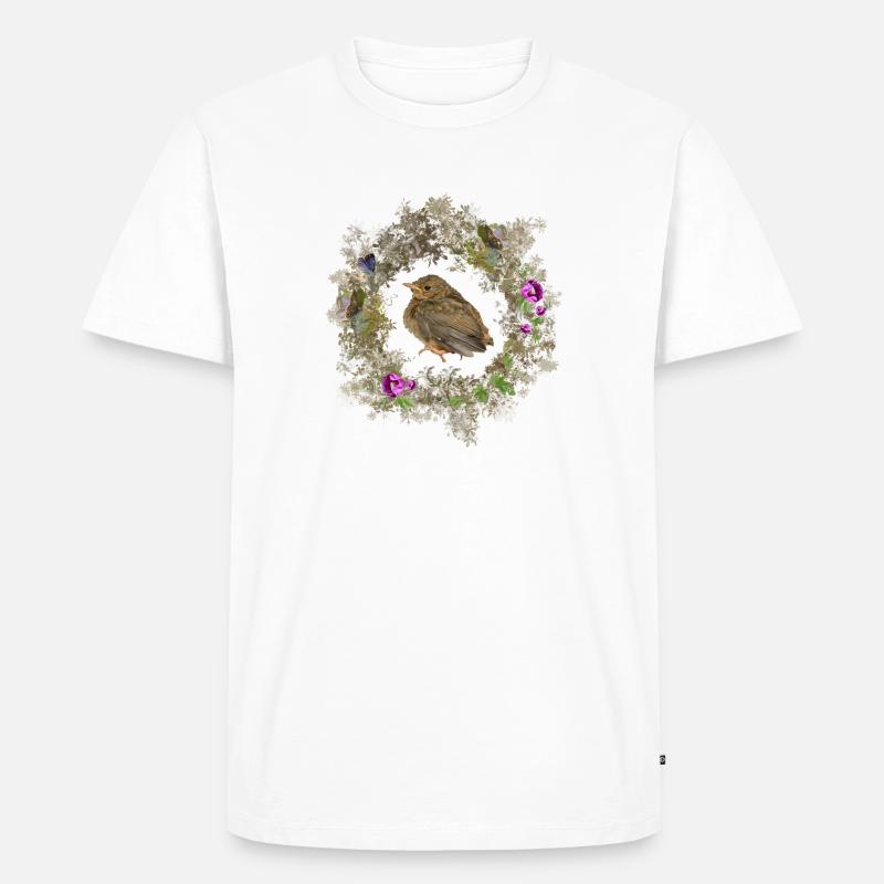 Rotkehlchen mit zarten Blüten und Bläulingen - Männer Premium Bio T-Shirt - Weiß