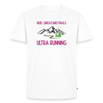 Ultra Running - Boue, sueur et sentiers - T-shirt Premium bio Homme - blanc - Devant - Nico (187cm)