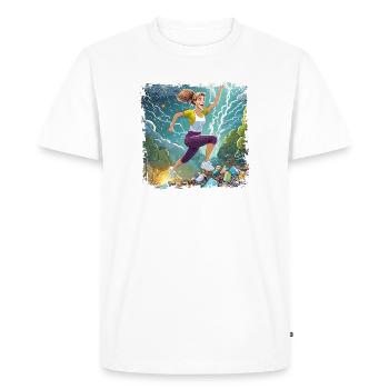 Woman jumping over a lot of garbage - Men's Premium Organic T-Shirt - white - Front - Nico (187cm)