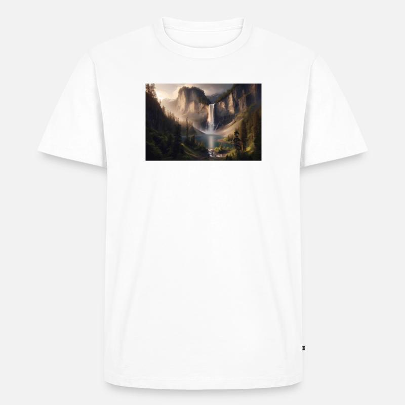 Poster Ölgemälde Berglandschaft mit Wasserfall - Männer Premium Bio T-Shirt - Weiß