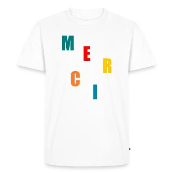 MAÎTRESSE. MAITRE. MERCI. MERCI MAÎTRESSE - T-shirt Premium bio Homme - blanc - Devant - Nico (187cm)