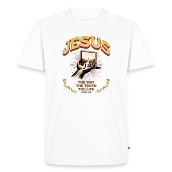 Jesus light symbol on hand-held mirror - Men's Premium Organic T-Shirt - white - Front - Nico (187cm)