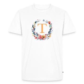 T Monogram, Flower Wreath, Personalizable - Men's Premium Organic T-Shirt - white - Front - Nico (187cm)