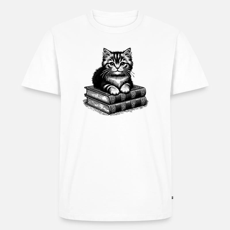Katze auf Bücherstapel - Männer Premium Bio T-Shirt - Weiß