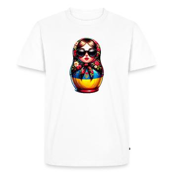 Ukraine Matryoshka with sunglasses for Ukrainians - Men's Premium Organic T-Shirt - white - Front - Nico (187cm)