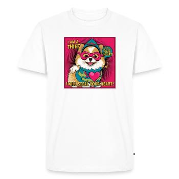 Bande dessinée Chien de Poméranie « Je suis un voleur » - T-shirt Premium bio Homme - blanc - Devant - Nico (187cm)