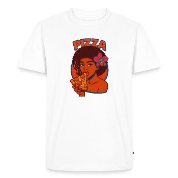 Femme afro avec pizza et illustration de fleur - T-shirt Premium bio Homme - blanc - Devant - Nico (187cm)