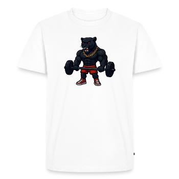 Panthère forte avec une chaîne en or soulevant des poids - T-shirt Premium bio Homme - blanc - Devant - Nico (187cm)