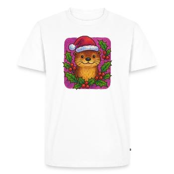 Loutre festive avec houx et chapeau de Père Noël - T-shirt Premium bio Homme - blanc - Devant - Nico (187cm)