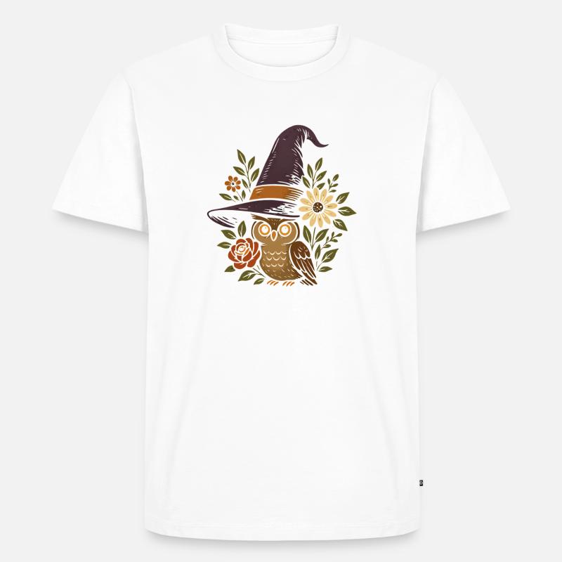 Eule im Zauberhut mit Blumen - Männer Premium Bio T-Shirt - Weiß