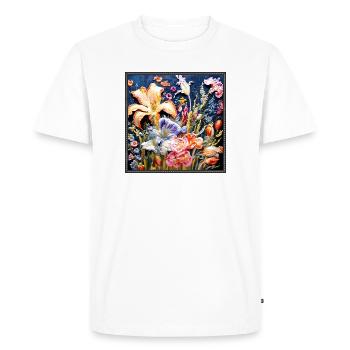 Motif floral en technique de broderie sur bleu foncé - T-shirt Premium bio Homme - blanc - Devant - Nico (187cm)
