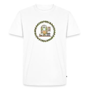 Chat barista dans une couronne de feuilles - T-shirt Premium bio Homme - blanc - Devant - Nico (187cm)