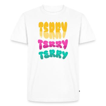 Terry Triple Word Logo - Men's Premium Organic T-Shirt - white - Front - Nico (187cm)