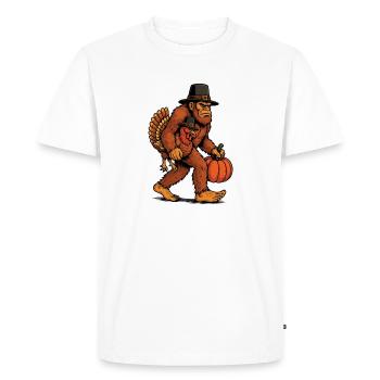 Bigfoot portant de la dinde Thanksgiving humour - T-shirt Premium bio Homme - blanc - Devant - Nico (187cm)