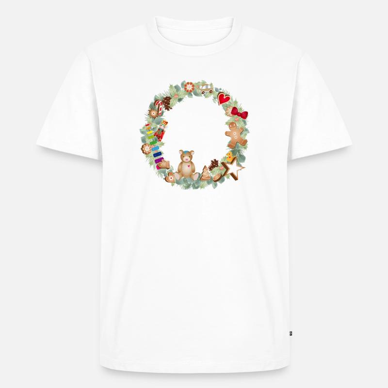 Bunter Weihnachtskranz mit Spielzeug und Lebkuchen - Männer Premium Bio T-Shirt - Weiß