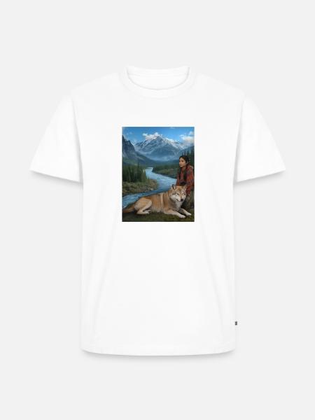 Wilde Berglandschaft mit Wolf und Frau - Männer Premium Bio T-Shirt - Weiß