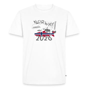 Norvège 2026 Saumon avec montagne et pêche à l’orignal - T-shirt Premium bio Homme - blanc - Devant - Nico (187cm)