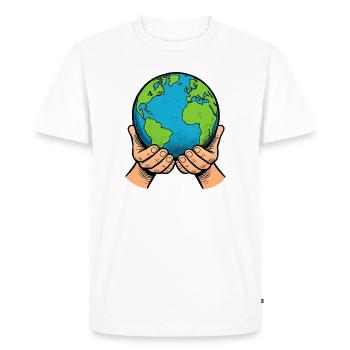 Mains tenant la Terre – Global Care - T-shirt Premium bio Homme - blanc - Devant - Nico (187cm)