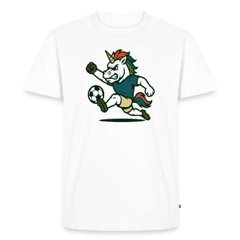 Unicorn Soccer Mascot Kicking with Power - Men's Premium Organic T-Shirt - white - Front - Nico (187cm)