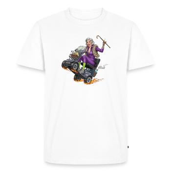 Granny purple on racing mobility scooter - Men's Premium Organic T-Shirt - white - Front - Nico (187cm)