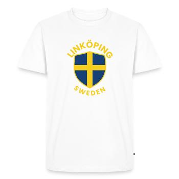 Linköping Sweden Shield Tee - Men's Premium Organic T-Shirt - white - Front - Nico (187cm)