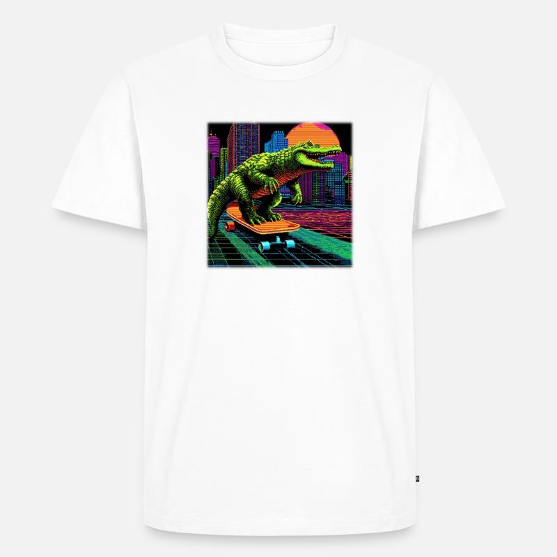 Pixel Art Krokodil – Retro Skater Synthwave - Männer Premium Bio T-Shirt - Weiß