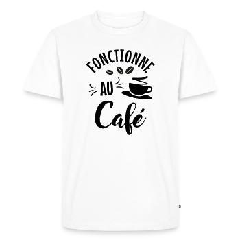 Coffee Humor T-Shirt – Works at the Café - Men's Premium Organic T-Shirt - white - Front - Nico (187cm)