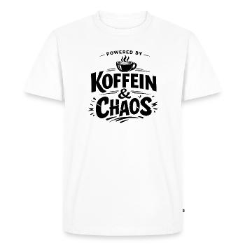 Powered by Caffeine & Chaos – Coffee Saying Shirt - Men's Premium Organic T-Shirt - white - Front - Nico (187cm)