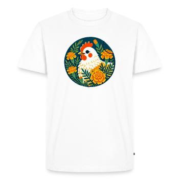 Une poule ensoleillée parmi des fleurs audacieuses - T-shirt Premium bio Homme - blanc - Devant - Nico (187cm)