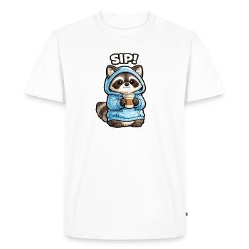 Raton laveur à capuche sirote son café - T-shirt Premium bio Homme - blanc - Devant - Nico (187cm)